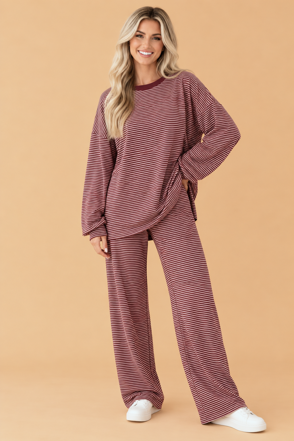 Stripe Contrast Trim Top & Pant Set in brown stripe, front view