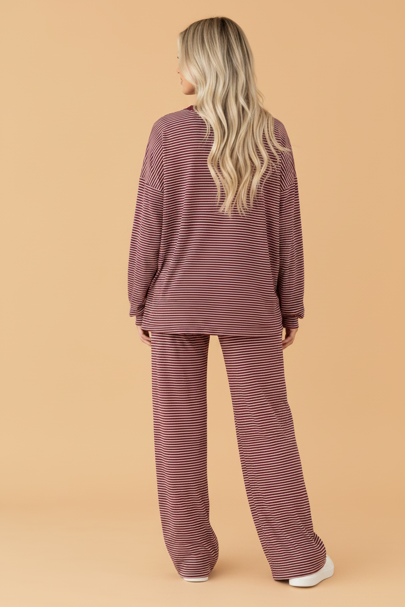 Stripe Contrast Trim Top & Pant Set in brown stripe, detail