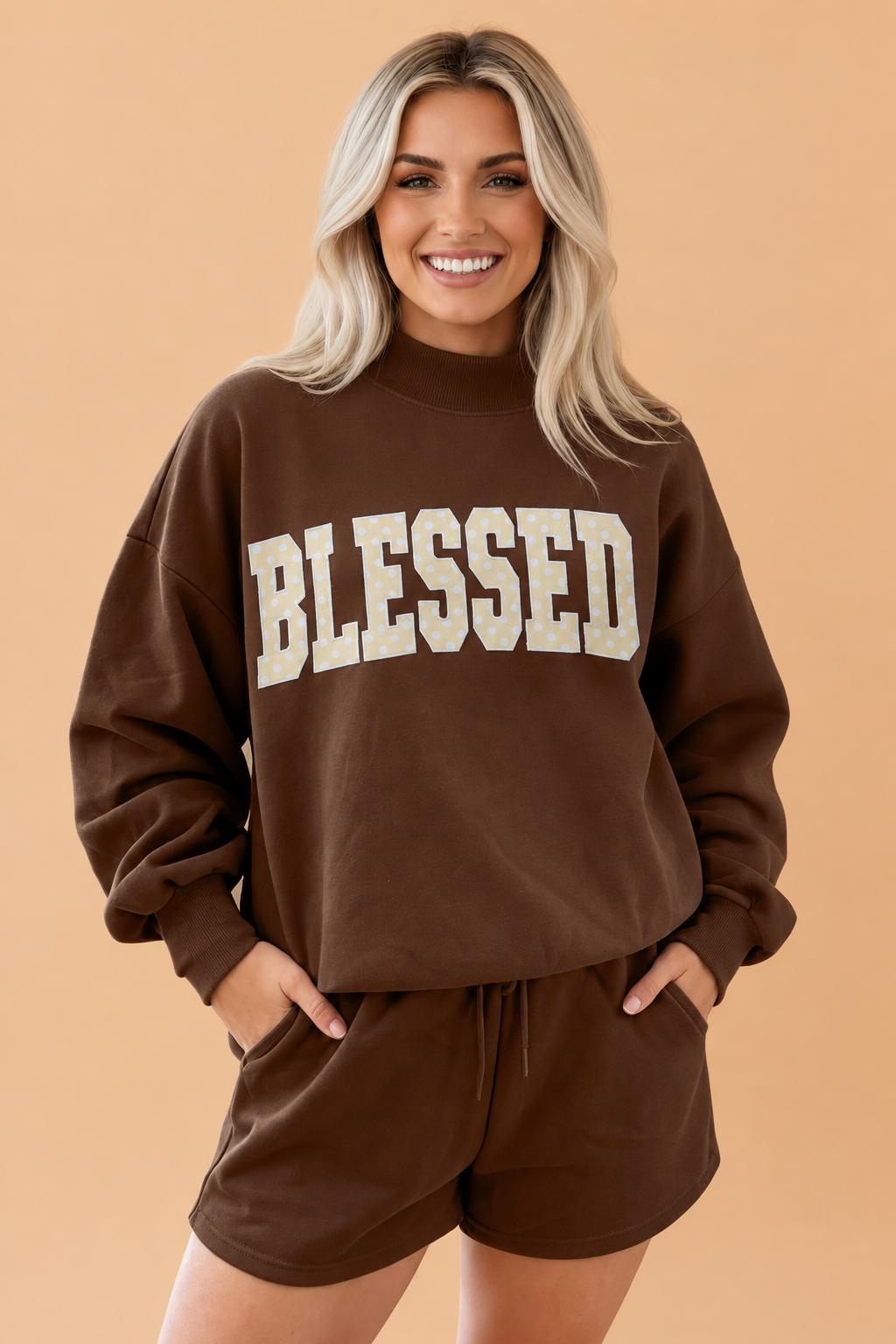 Christmas Letter Print Sweatshirt & Shorts Set in dark green, coffee and red, close-up print detail