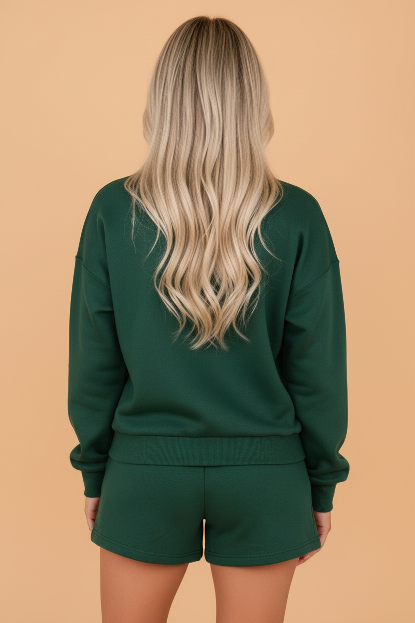 Christmas Letter Print Sweatshirt & Shorts Set in dark green, coffee and red, detail view