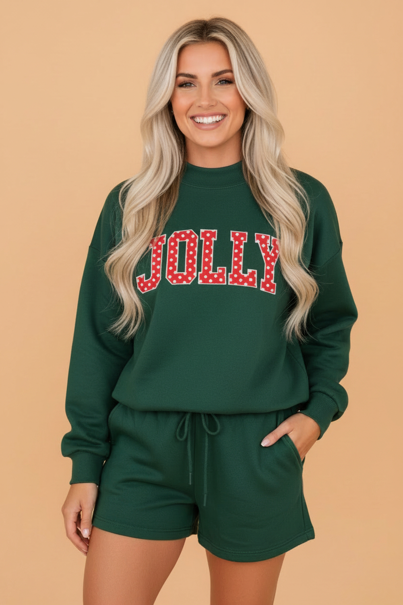 Christmas Letter Print Sweatshirt & Shorts Set in dark green, coffee and red, front view