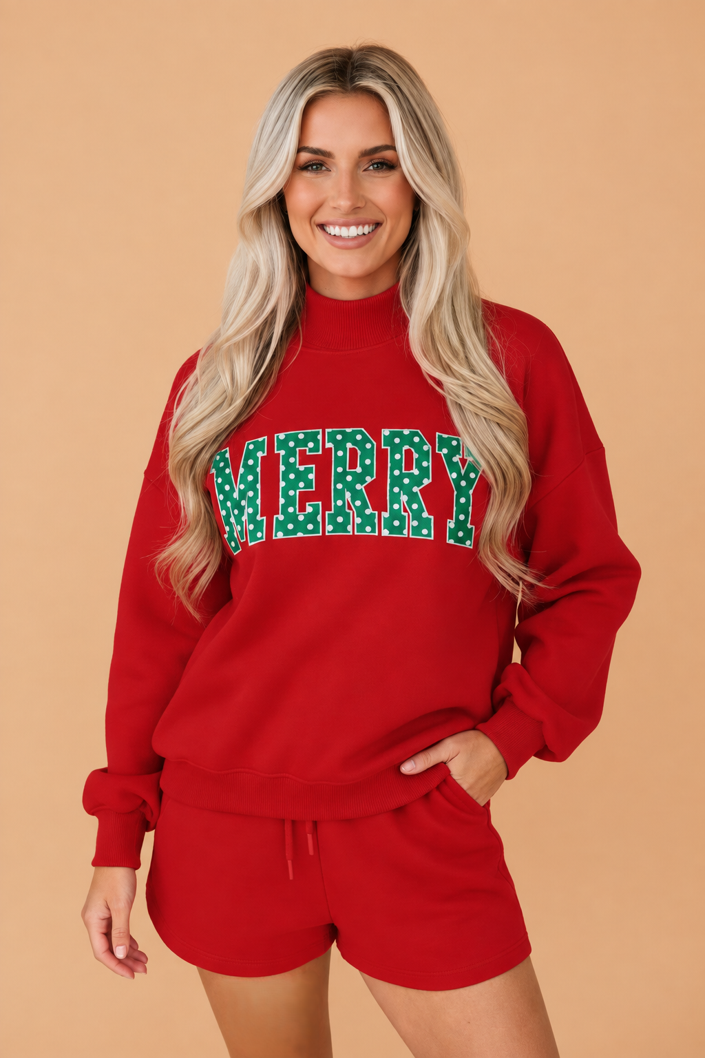 Christmas Letter Print Sweatshirt & Shorts Set in dark green, coffee and red, styled view
