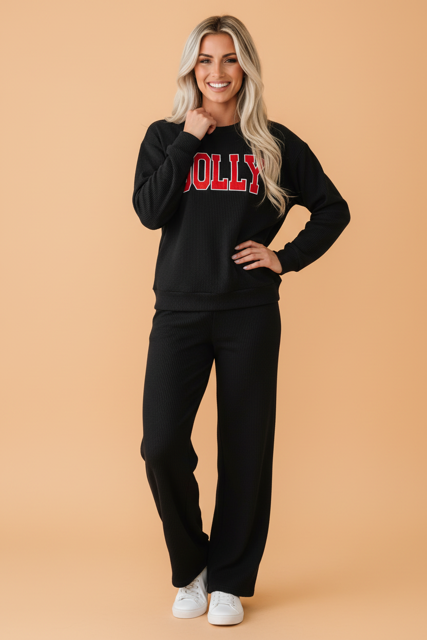 Christmas Corded Knit Top & Pants Set in red, black and green, additional view 11