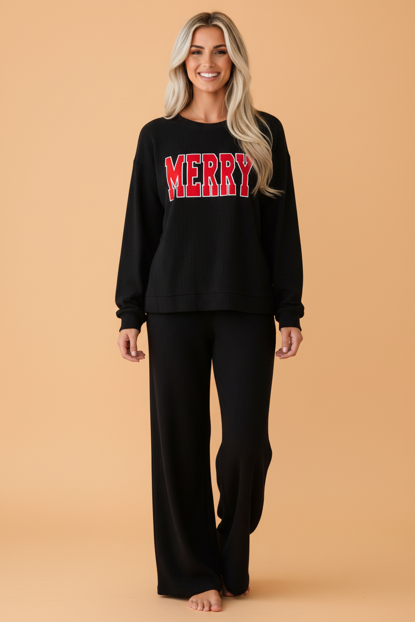 Christmas Corded Knit Top & Pants Set in red, black and green, additional view 6