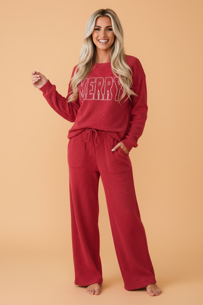 Christmas Corded Knit Top & Pants Set in red, black and green, front view