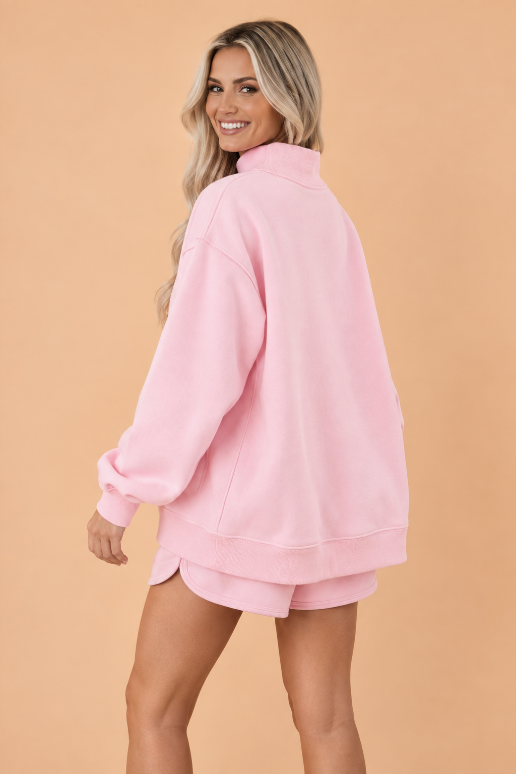 Exposed Seam Mock Neck Sweatshirt Set in light pink, detail