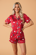 Christmas Dog Print Top & Shorts Pajama Set in racing red, front view