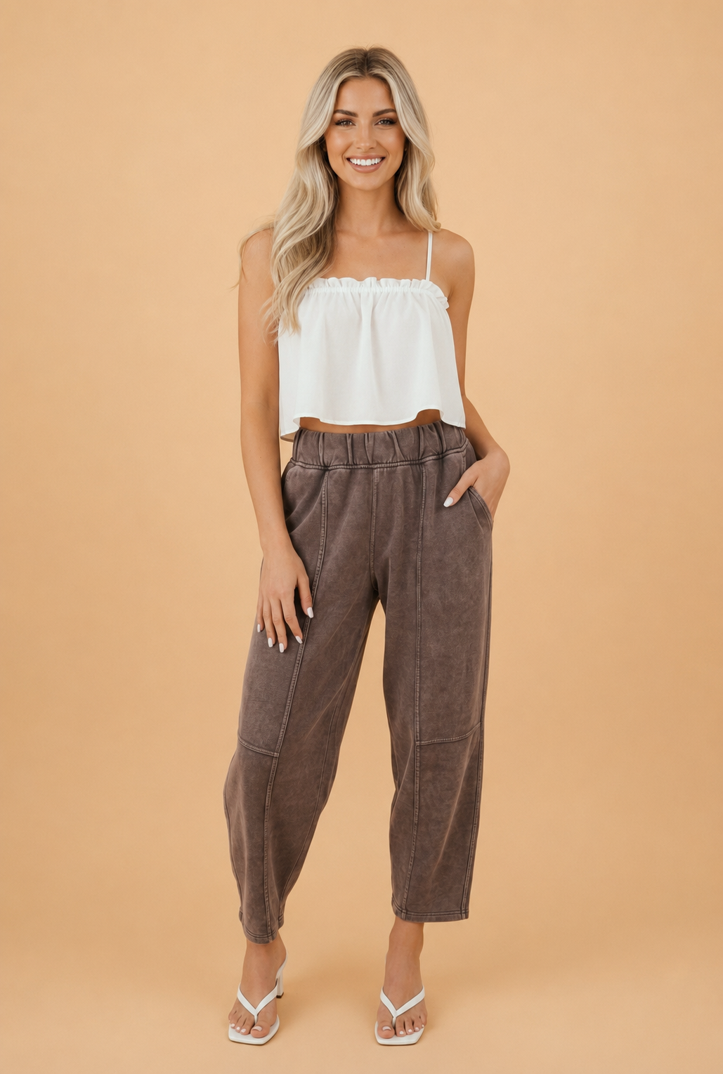 Mineral Wash Elastic Waist Barrel Leg Pants in coffee, front view