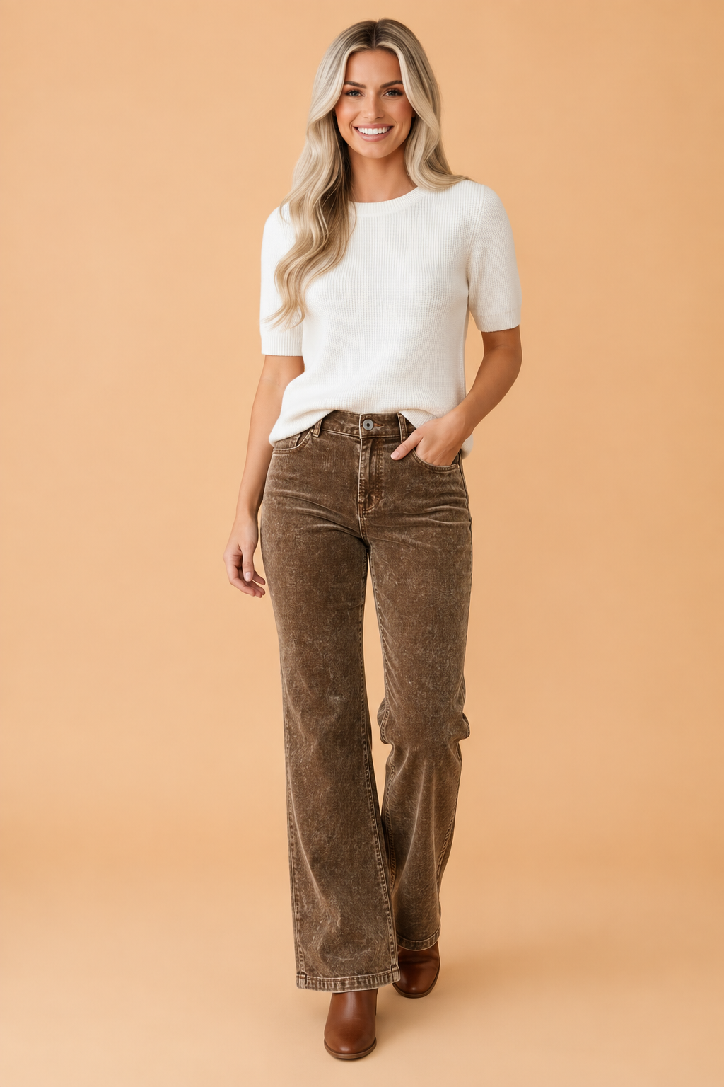 Corduroy Mineral Washed Straight Leg Pants in camel, front view