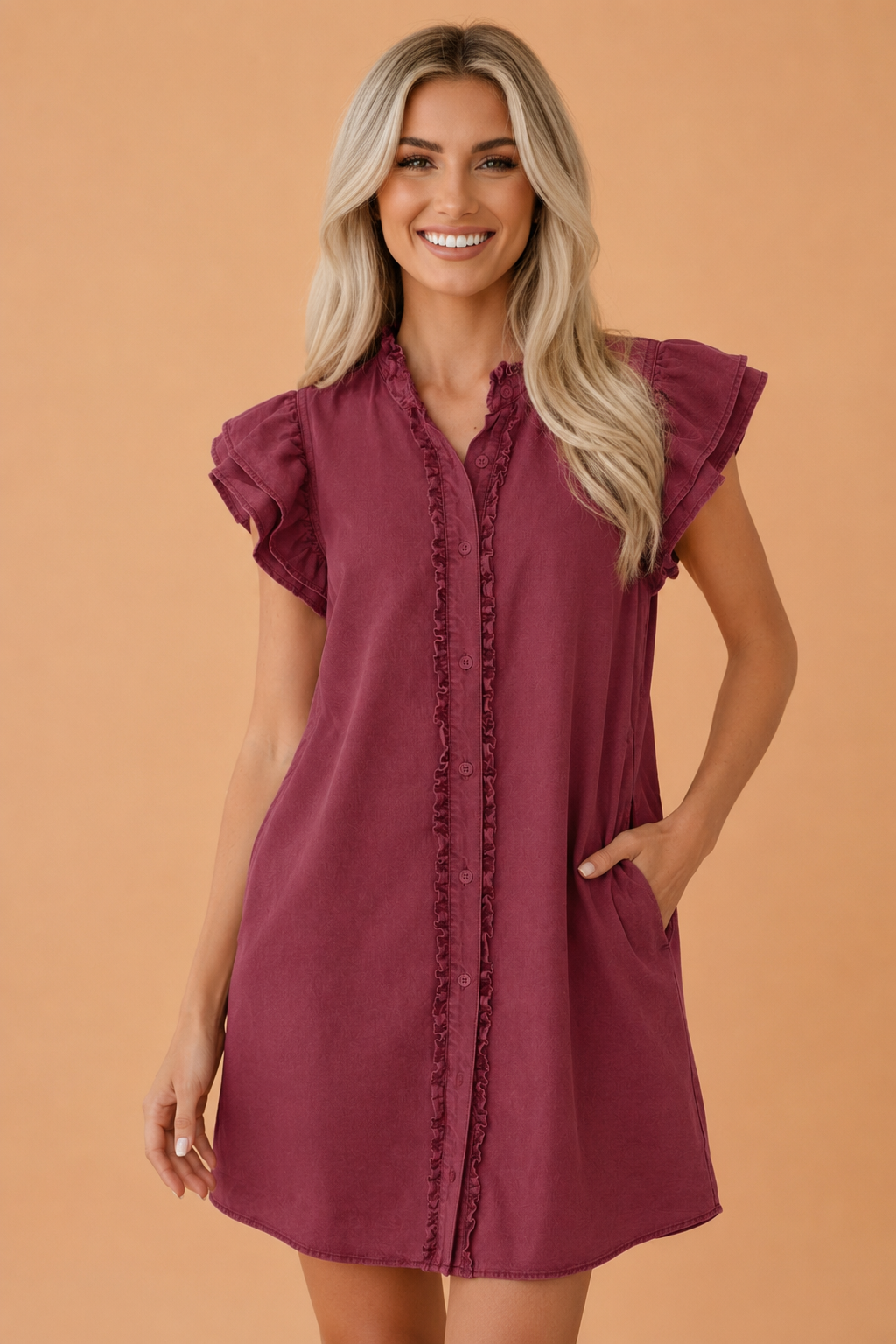 Red Sandalwood denim mini dress with ruffled short sleeves