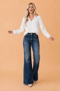 Acid Wash Denim High Waist Flare Jeans in sail blue, front view
