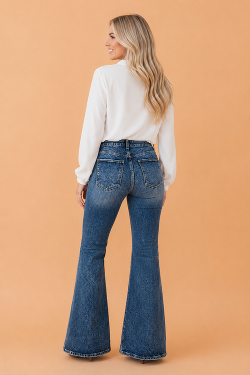 Acid Wash Denim High Waist Flare Jeans in sail blue, detail