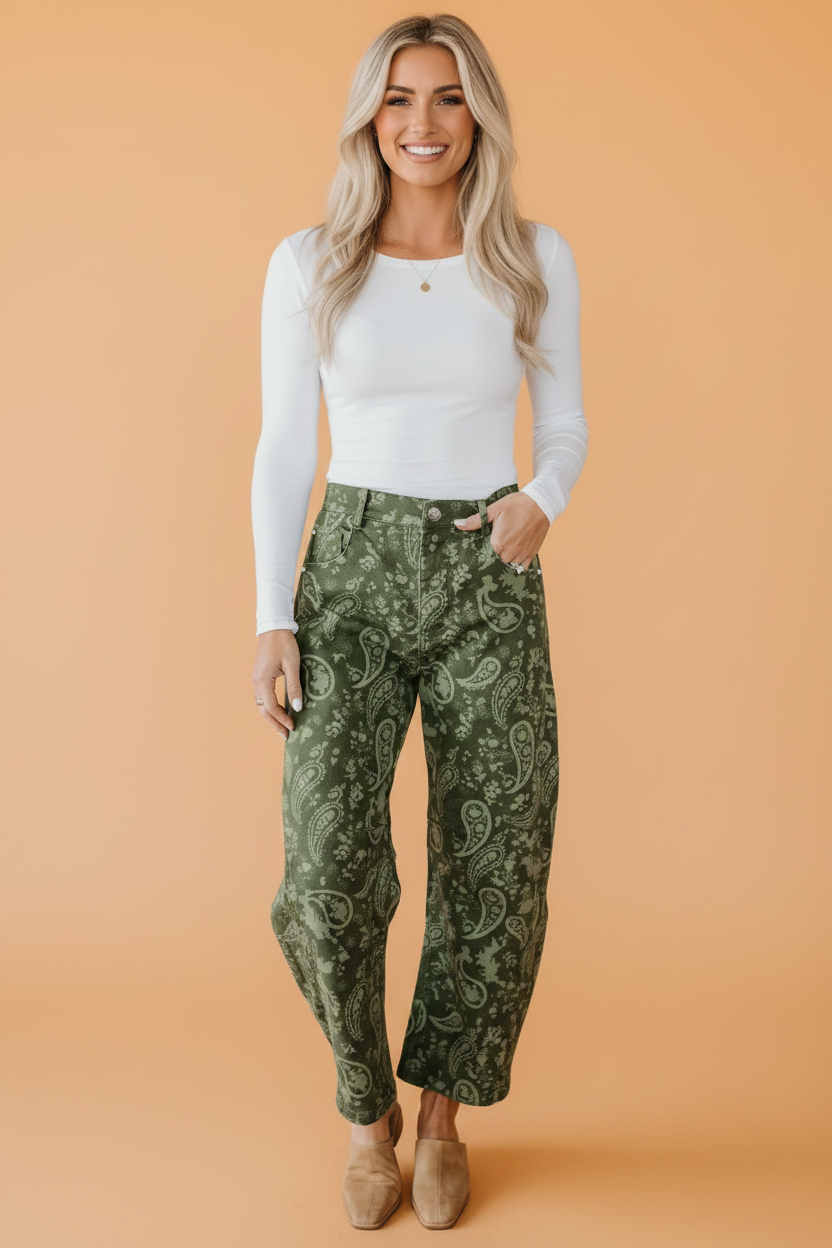 Paisley Denim High Waist Barrel Leg Pants in green, front view