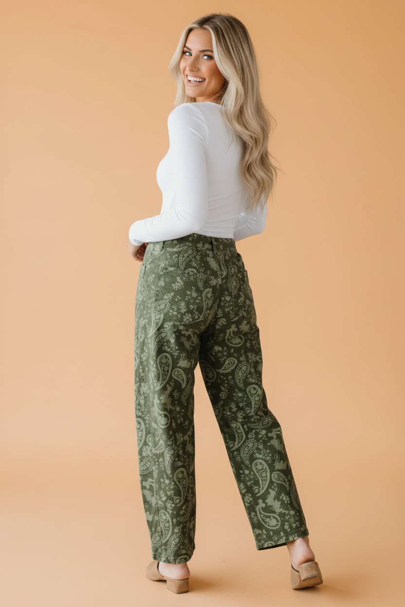 Paisley Denim High Waist Barrel Leg Pants in green, detail