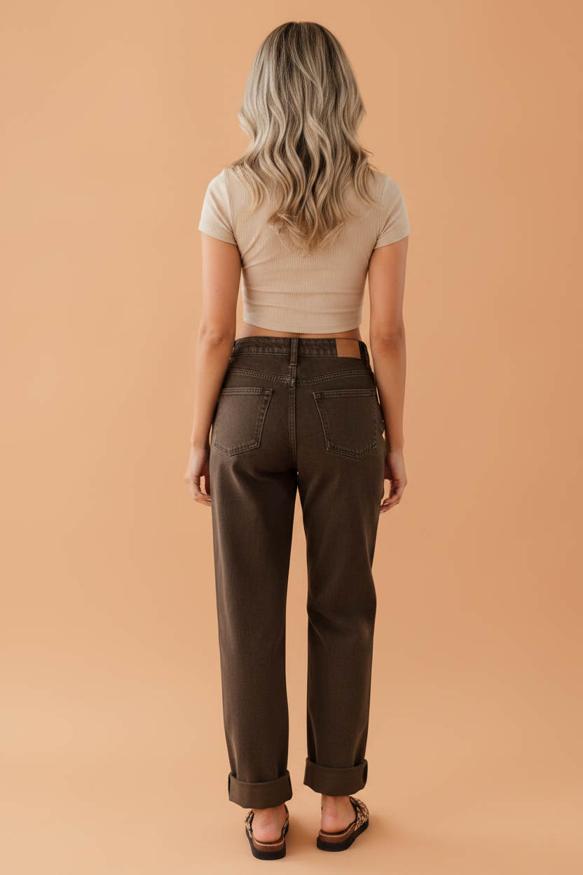 Denim Studded Straight Leg Jeans in coffee, detail