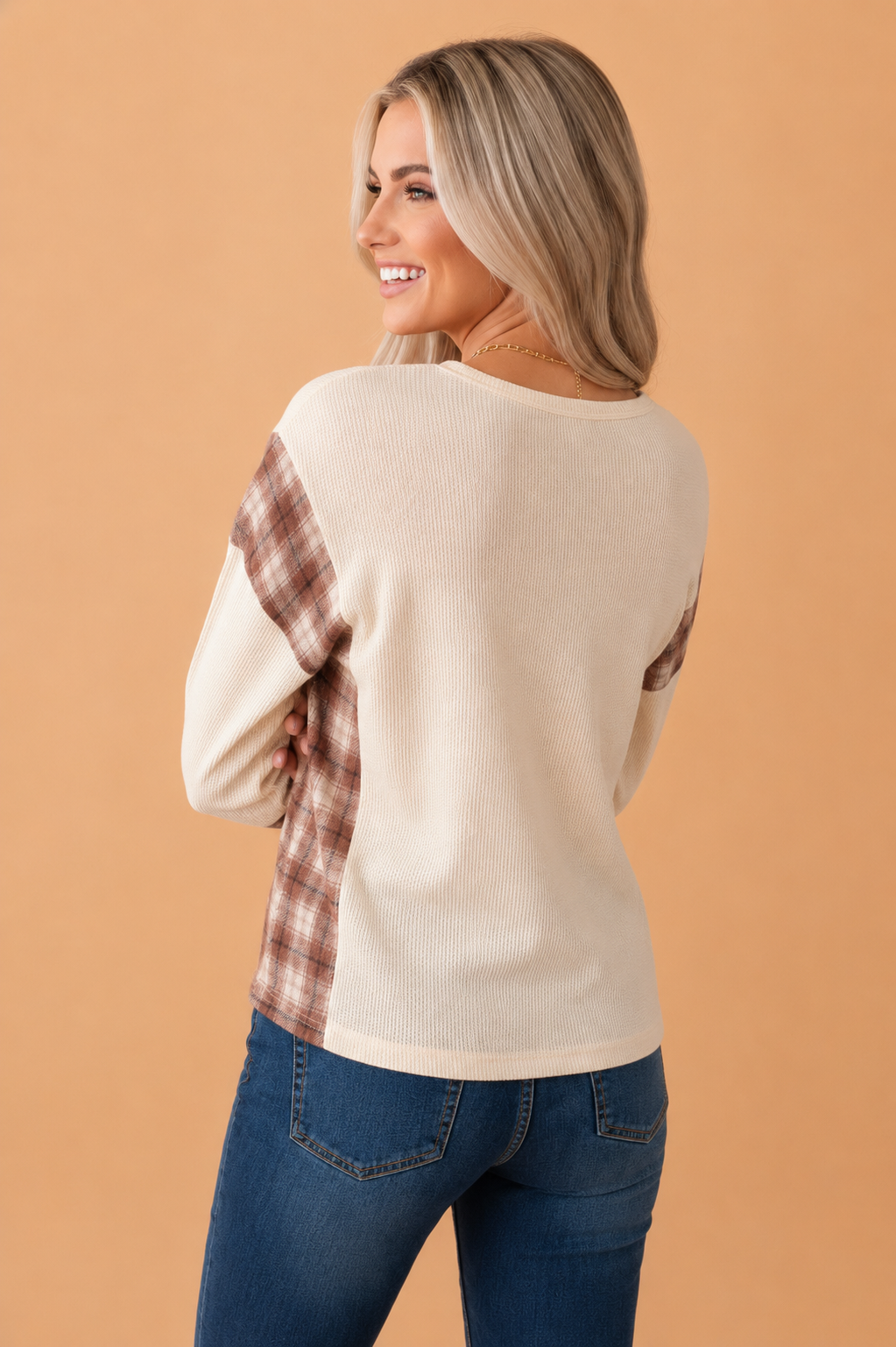 Plaid Patchwork Waffle Knit V-Neck Top in beige, detail