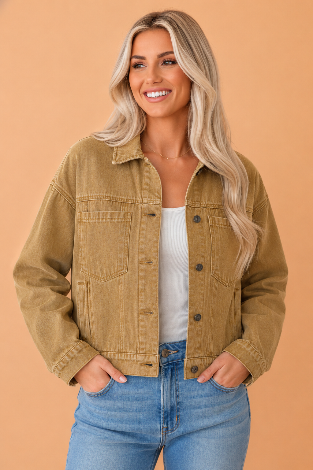 Denim Buttoned Collar Jacket in honey gold, front view