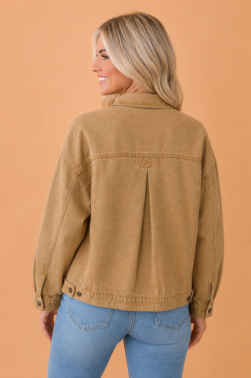 Denim Buttoned Collar Jacket in honey gold, detail