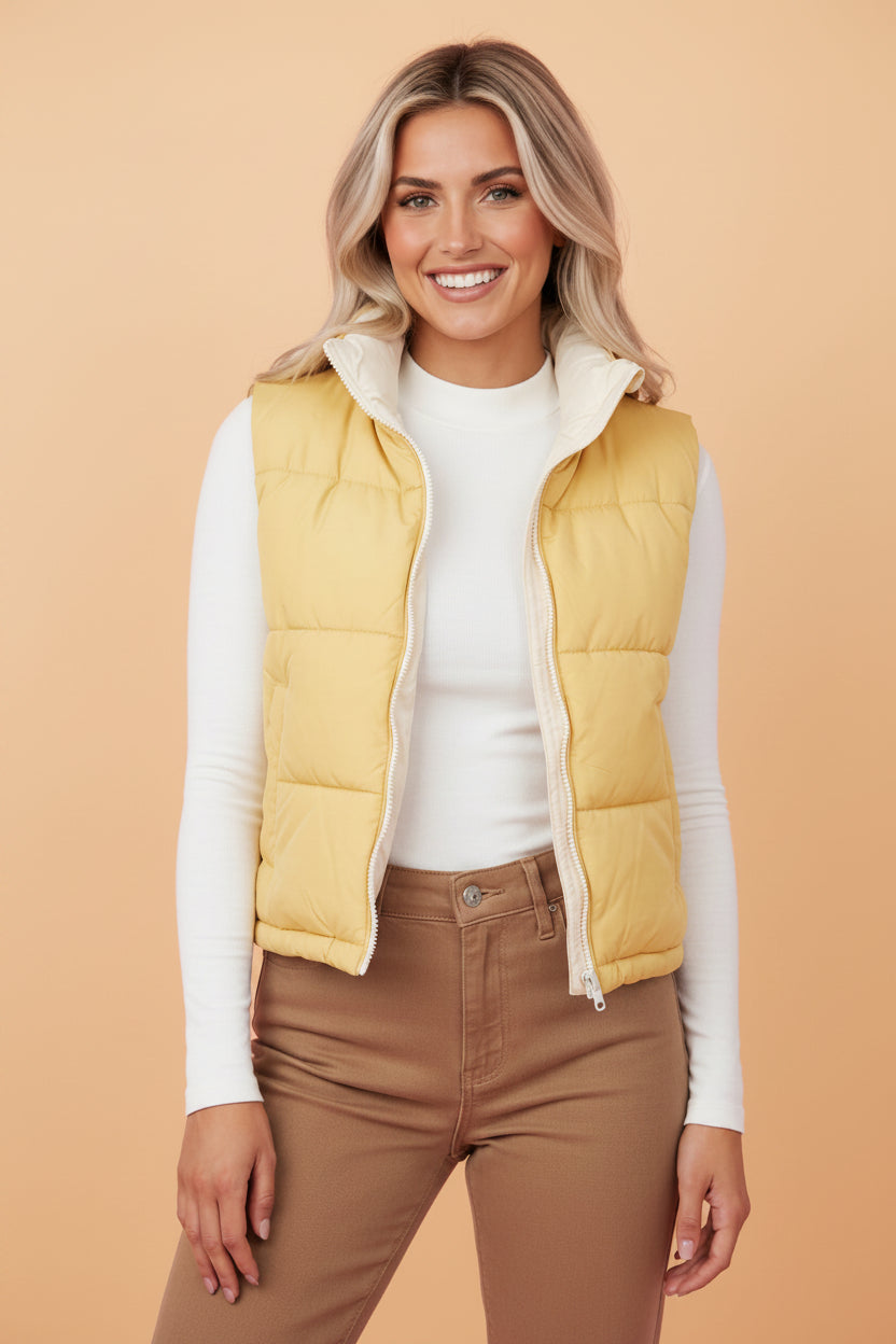 Reversible Quilted Puffer Vest in parchment, front view