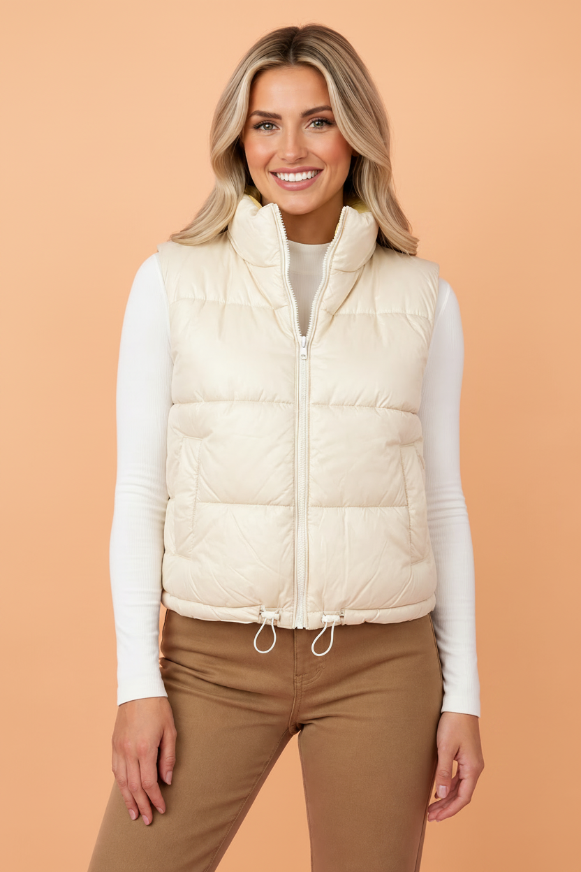Reversible Quilted Puffer Vest in parchment, reverse side