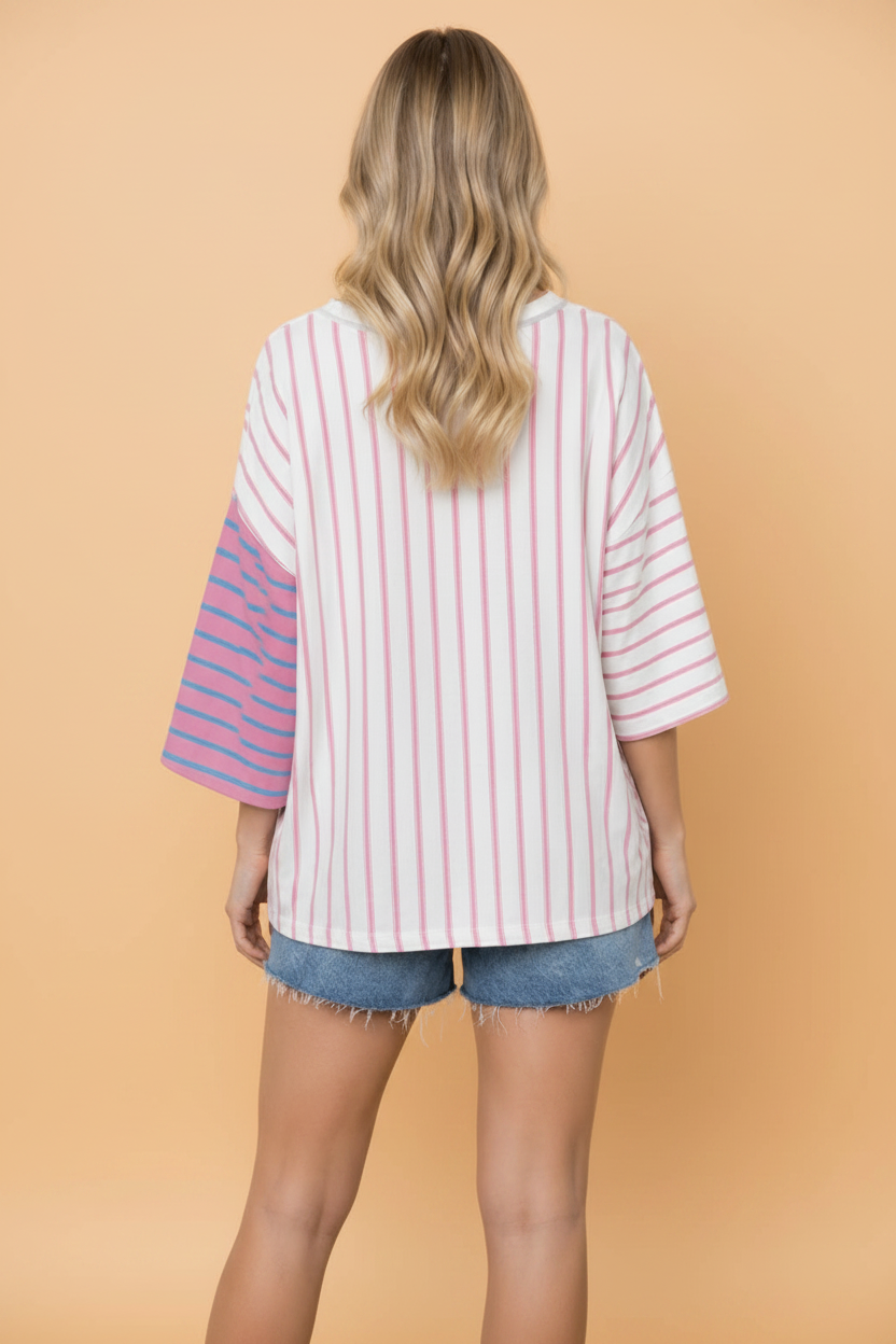 Stripe Colorblock 3/4 Sleeve Loose Tee - close up of colorblock stripe detail