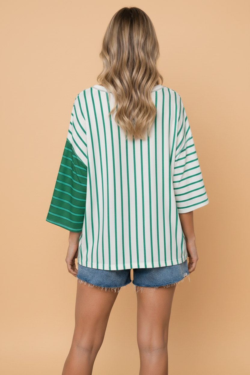 Stripe Colorblock 3/4 Sleeve Loose Tee in Pink Stripe - back view