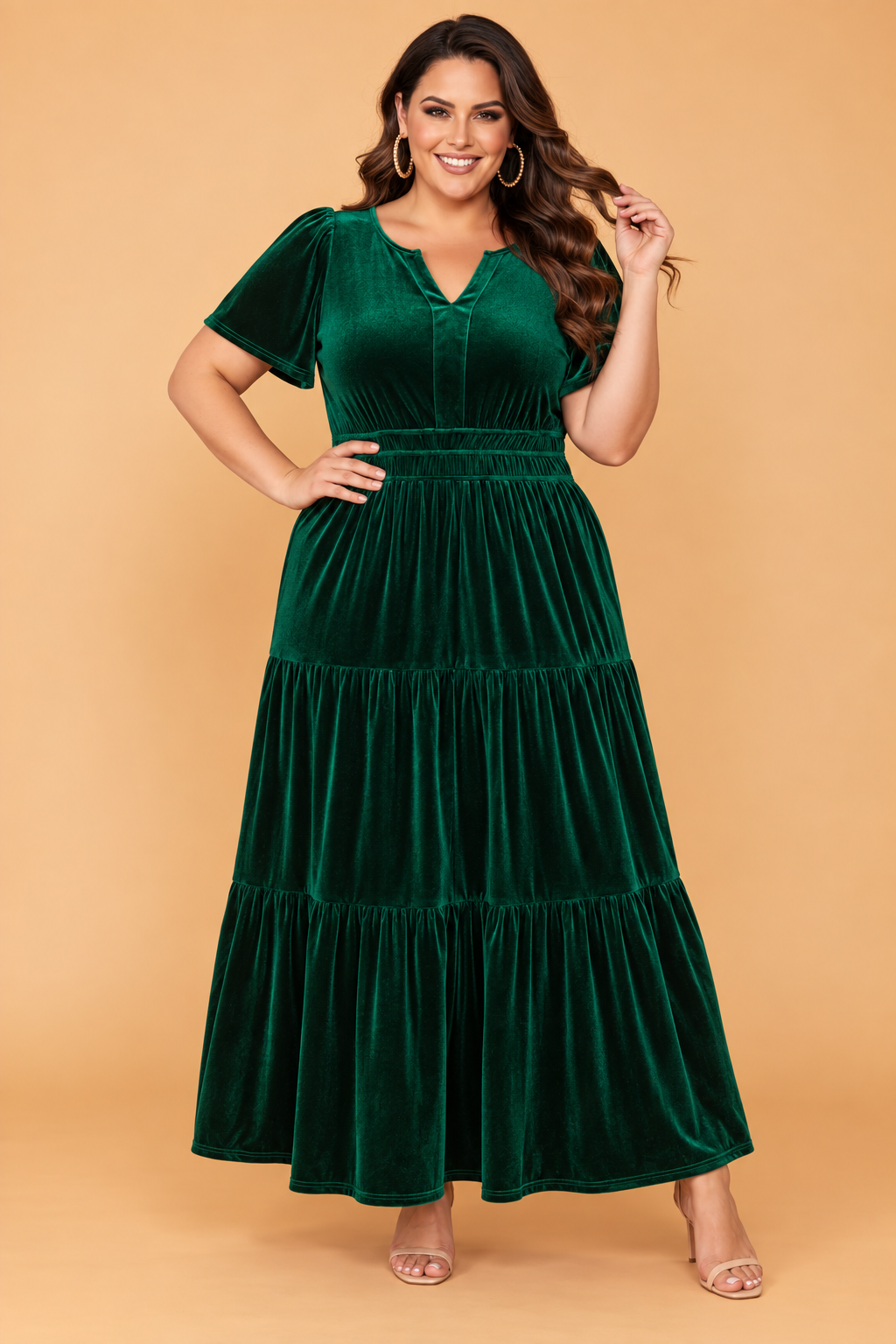 Plus Size Velvet Tiered Maxi Dress in blackish green, front view