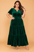 Plus Size Velvet Tiered Maxi Dress in blackish green, front view