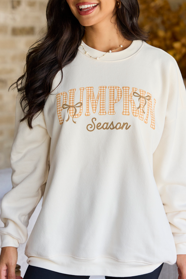 Pumpkin Season Plaid Cream Graphic Sweatshirt, front view