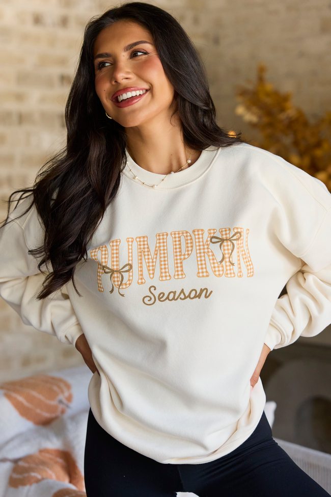 Pumpkin Season Plaid Cream Graphic Sweatshirt, styled view