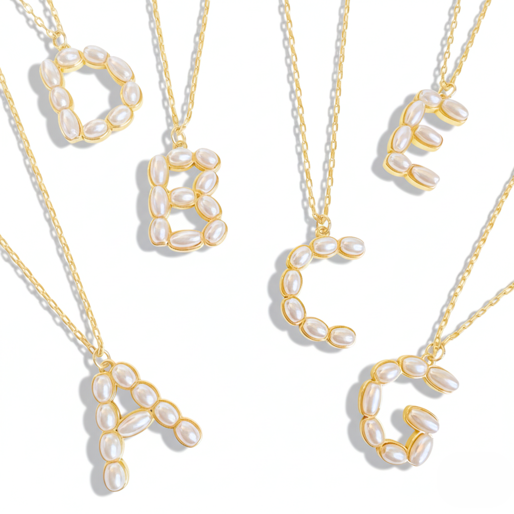 Pearl Mosaic Initial Pendant Necklace - pearl adorned initial pendant on gold chain