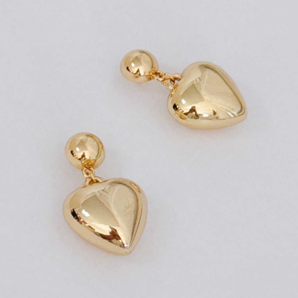 Puff Dangle Heart Earrings in Gold - puffy heart with dangle accent
