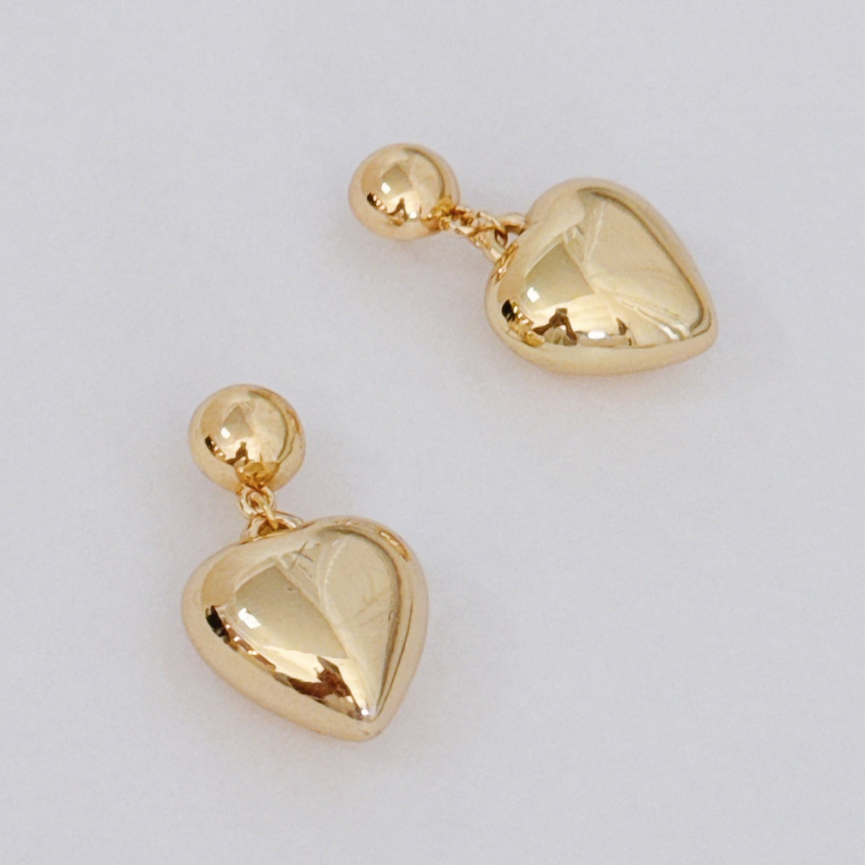 Puff Dangle Heart Earrings in Gold - puffy heart with dangle accent