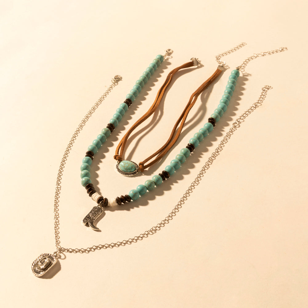 Layered western necklace featuring PU leather cords and horseshoe charm detail