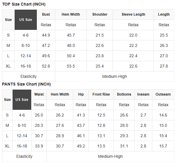 Size chart for stripe contrast long sleeve top and elastic waistband short set