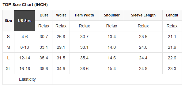Size chart for gathered bust square neck ribbed long sleeve top