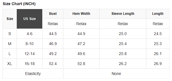 Size chart for metallic tie v-neck long sleeve blouse