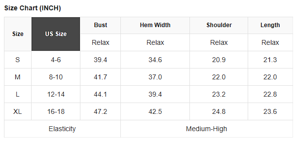 Size chart for solid hollowed knit short sleeve top