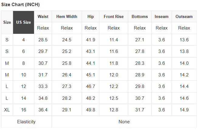 Size chart for polka dot denim embroidered scallop hem shorts
