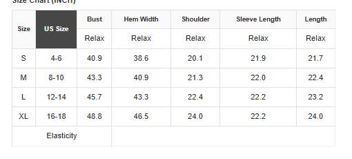 Size chart for denim studded pockets zip-up long sleeve jacket