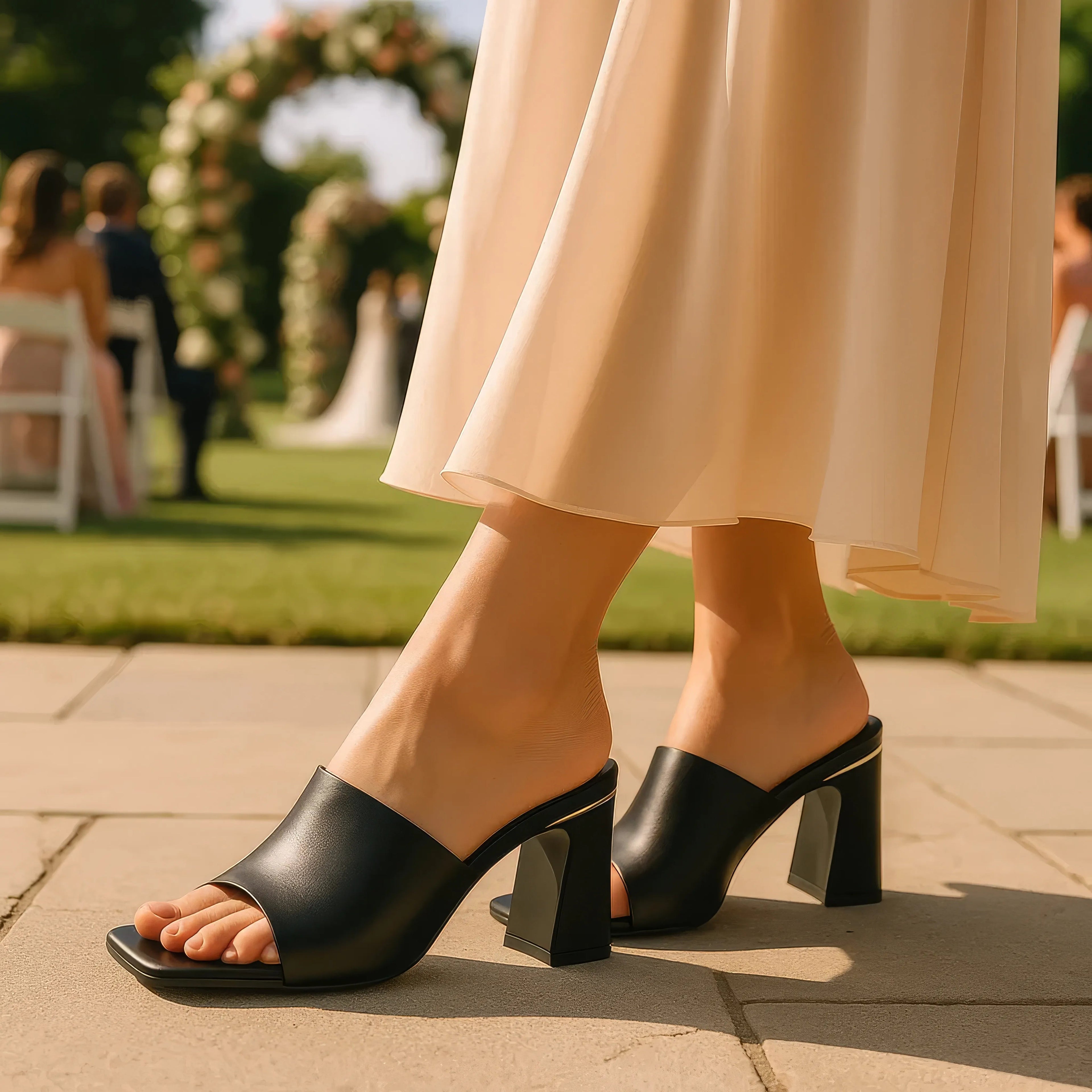 Gold square toe heeled sandals with slip-resistant rubber sole