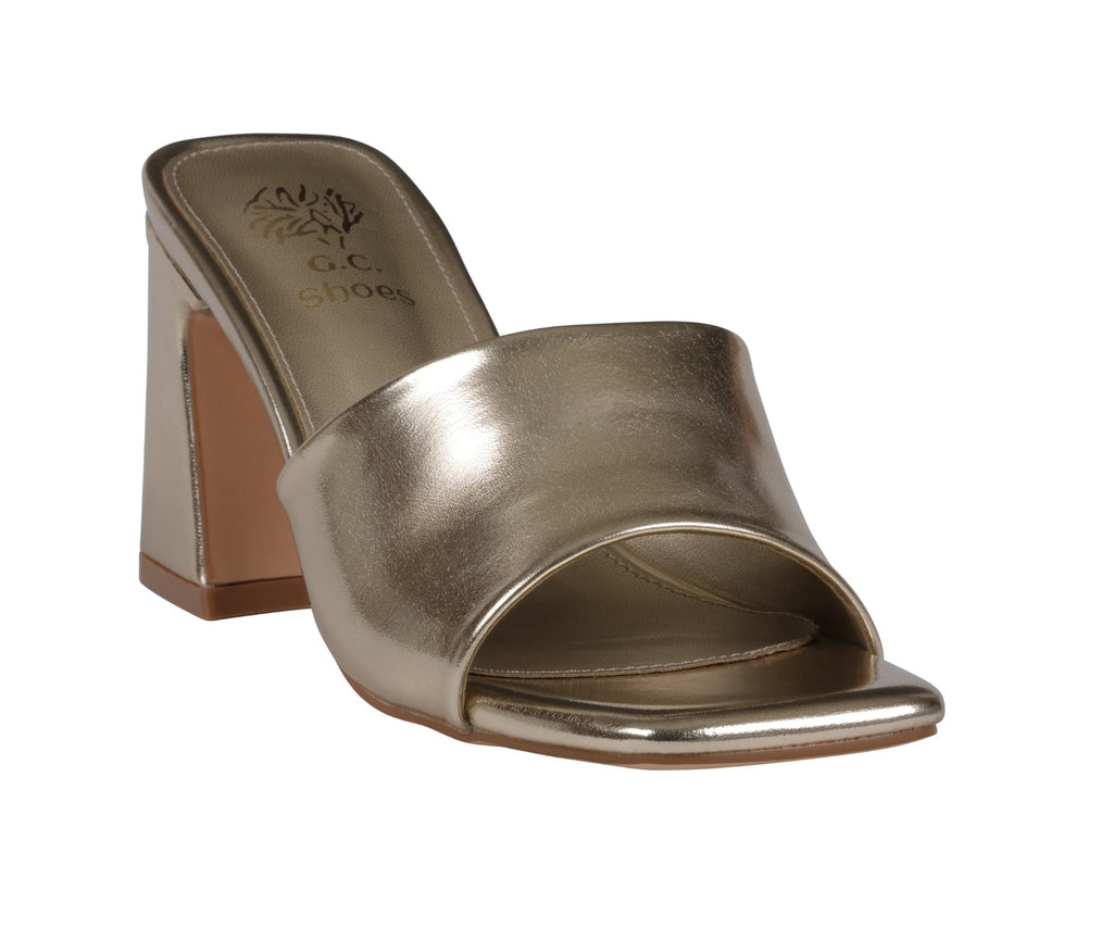Soho Square Toe Heeled Sandals in Gold — vegan leather upper with dual straps