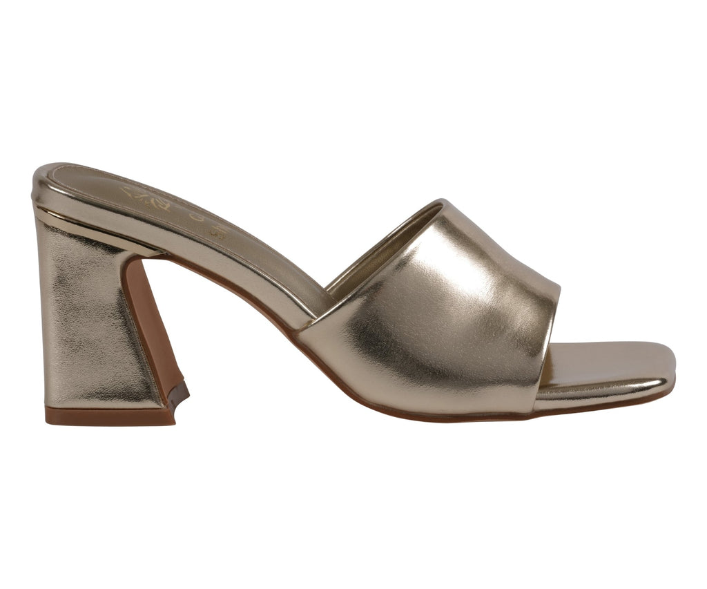Gold square toe heeled sandals with slip-resistant rubber sole