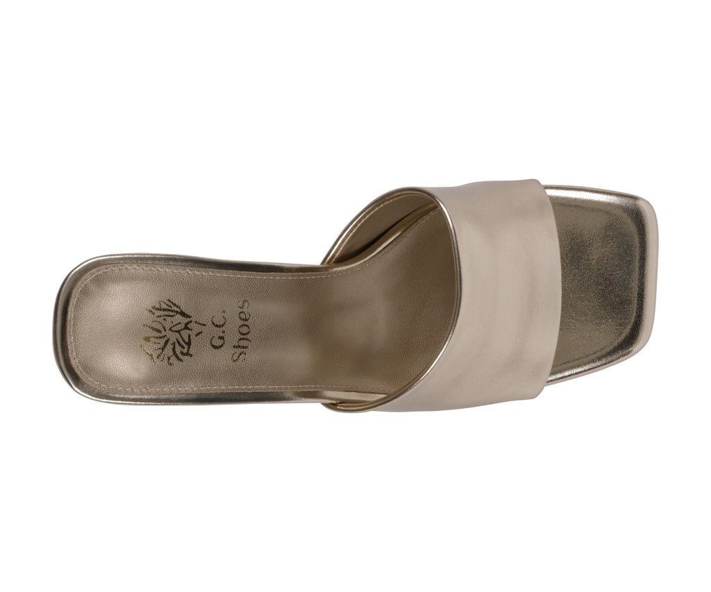 Soho Square Toe Heeled Sandals in Gold — vegan leather upper with dual straps