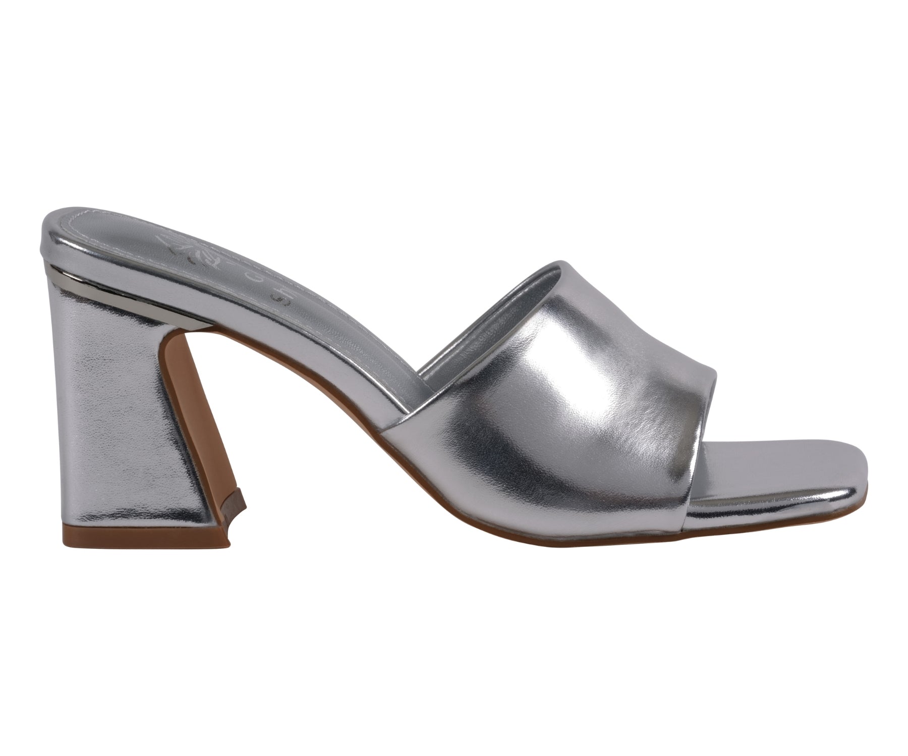 Silver square toe heeled sandals with slip-resistant rubber sole