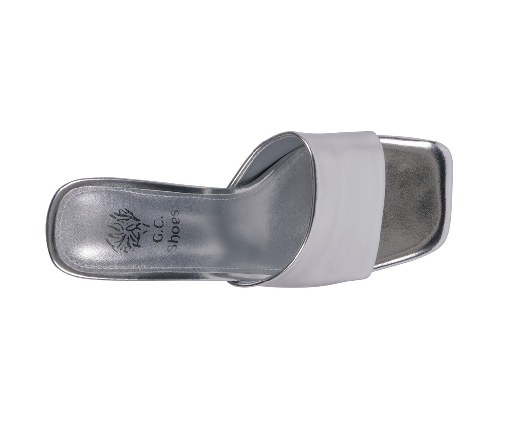 Soho Square Toe Heeled Sandals in Silver — vegan leather upper with dual straps