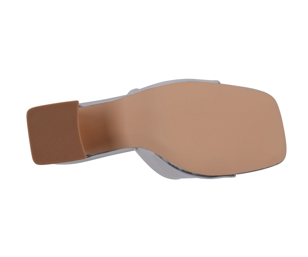 Silver square toe heeled sandals with slip-resistant rubber sole