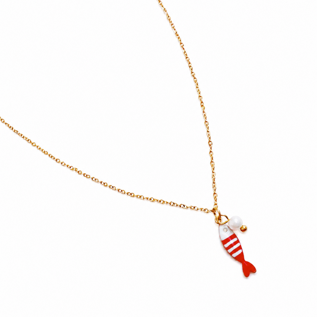 Striped Fish and Pearl Necklace - close up of fish and pearl charm