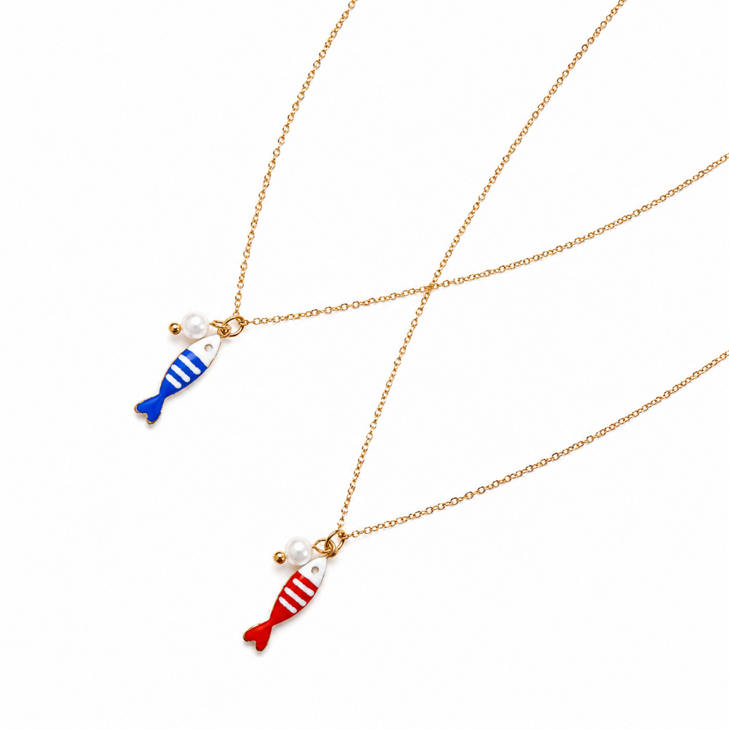 Striped Fish and Pearl Necklace in Red - fish pendant with pearl accent