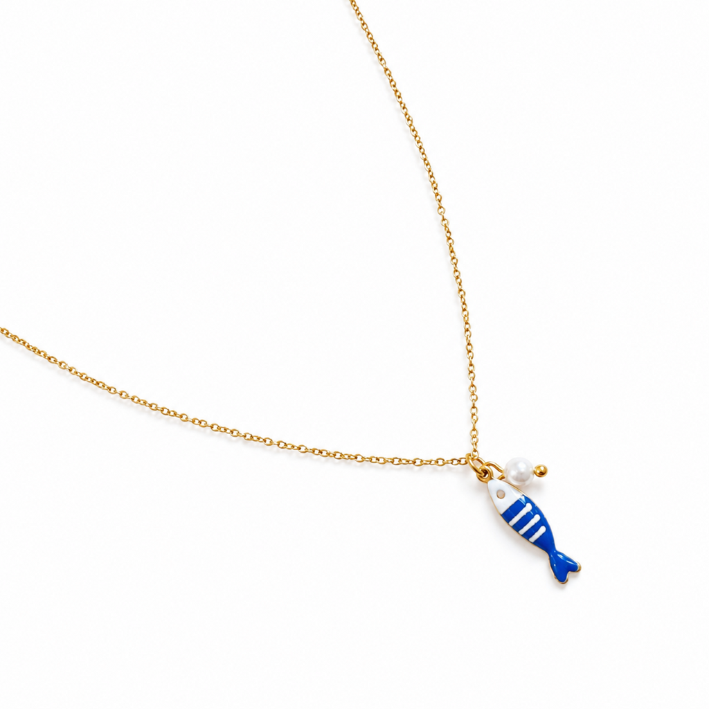 Striped Fish and Pearl Necklace - styled on model